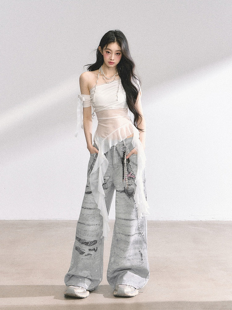 Light Gray Low Rise Chain Print Distressed Wide-leg Jeans