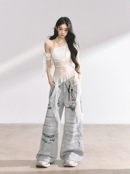 Light Gray Low Rise Chain Print Distressed Wide-leg Jeans