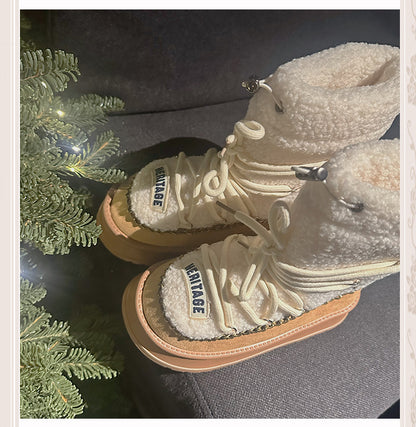 Camel Heel Plush Platform Boots
