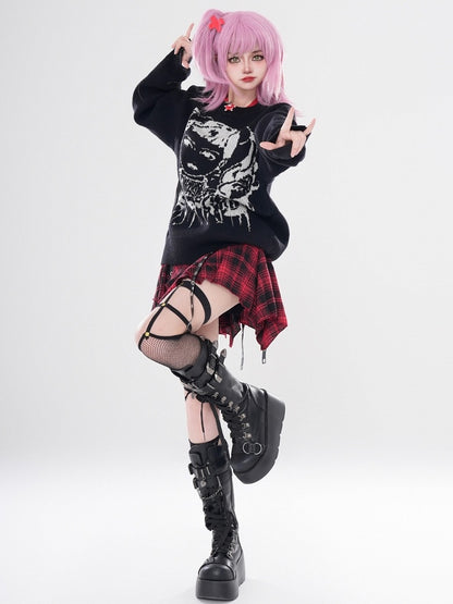 Wine Red/Black Y2K Girl Pattern Sweater with Free Choker
