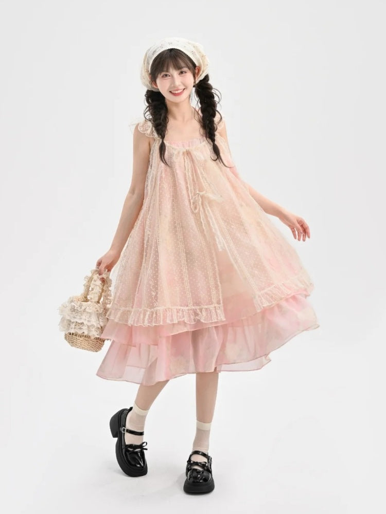 Sleeves Neck Tiered Slip Skirt Polka-dot Dress+Flutter Overdress Yume Kawaii Pink Set-	Halter Two-pieces