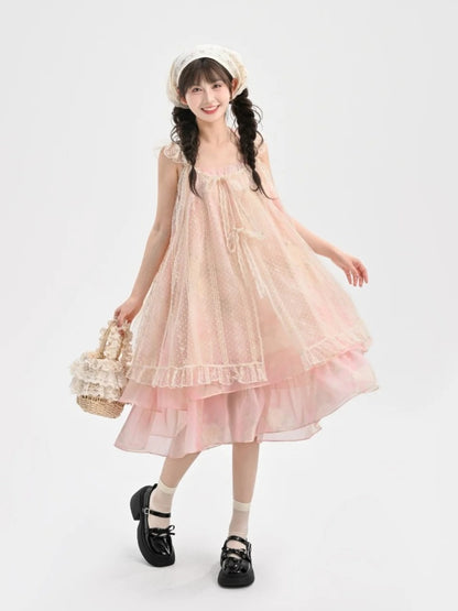 Sleeves Neck Tiered Slip Skirt Polka-dot Dress+Flutter Overdress Yume Kawaii Pink Set-	Halter Two-pieces