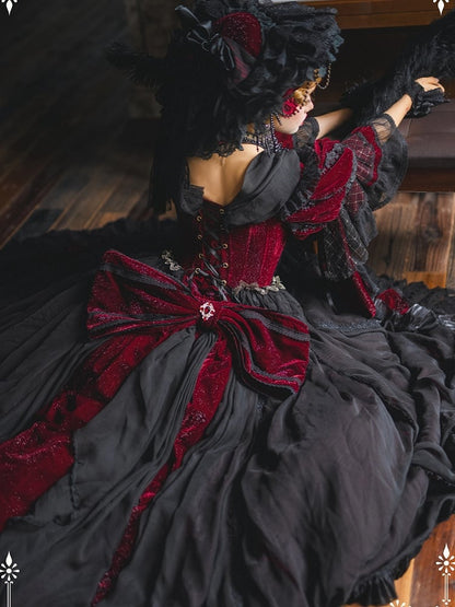 and Shimmering OP Full Set Gorgeous Black High-low Lolita Velvet Hanayome Red Dress