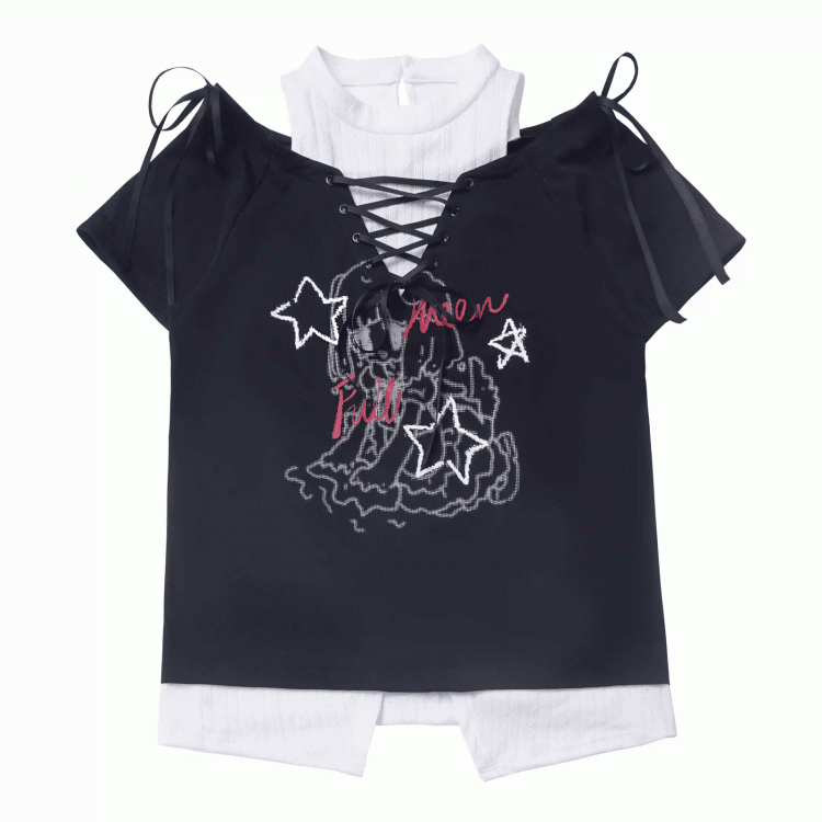 Graphic T-Shirt Neckline Faux Two-pieces Green/Black Cutout Shoulder Lace-up