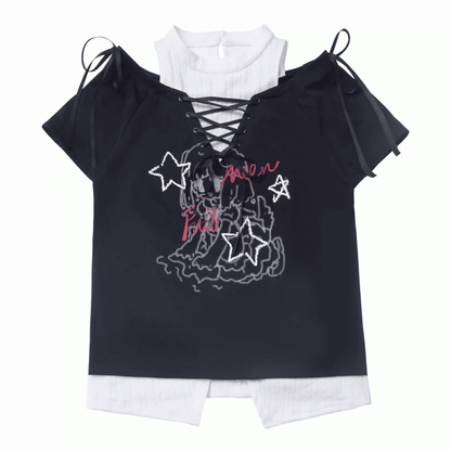 Graphic T-Shirt Neckline Faux Two-pieces Green/Black Cutout Shoulder Lace-up