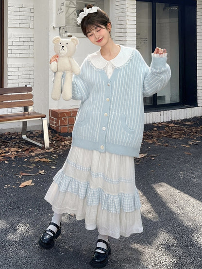 White High Waist Lace Trim Sweet Skirt Plaid Patchwork