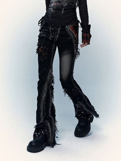 Straight-Leg Flare Black Punk Distressed Holes Jeans with Red Plaid Patchwork