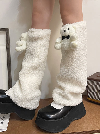 White Lolita Bear Doll Bowknot Leg Warmers