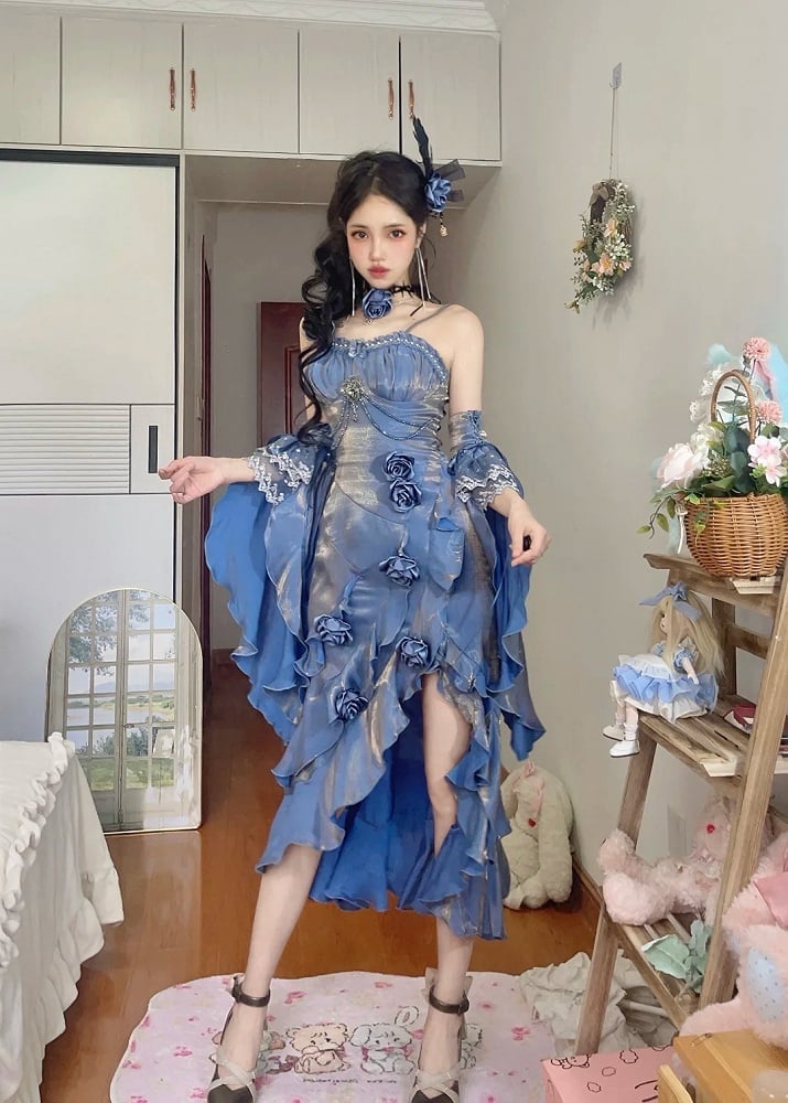 Blue Dress Rosette Evening Mermaid with Flounce Sleeves Detachable Gown
