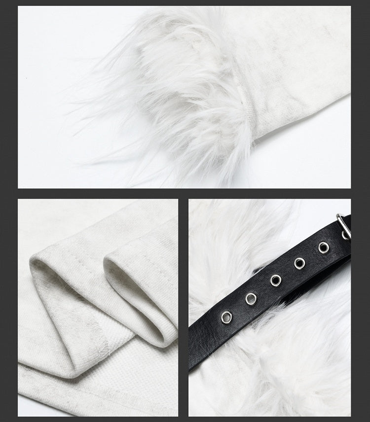 Haut asymétrique à manches longues et bordure en peluche style ange blanc lait punk