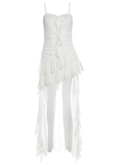 Holiday Asymmetrical Cami Y2K Glamorous Trim Ruffles Top White Hem