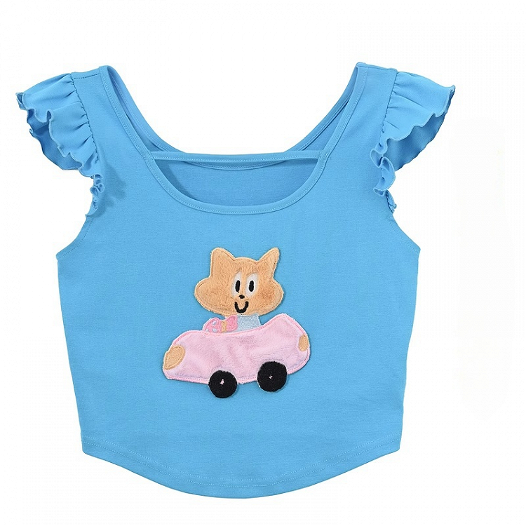 Free Kitty Applique Flutter Sleeves Top Blue Cute Necklace with