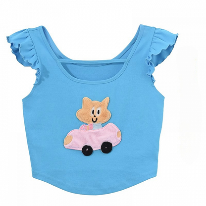Free Kitty Applique Flutter Sleeves Top Blue Cute Necklace with