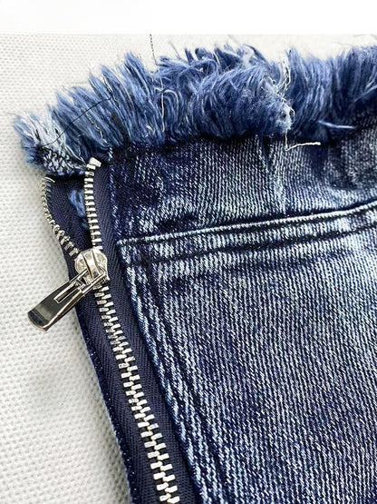 Y2K Vintage Dark Blue Distress Trim Denim Glamorous Skirt+Buckle Strap Plush Trim Leg Warmers