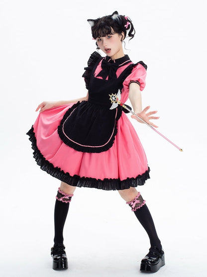 + and Black Sleeves Puff Maid Short Apron Dress Lolita Pink Kitty