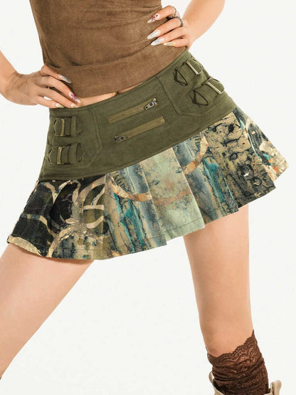 Built-in Shorts Y2K with Denim Skirt Suede Green Patchwork A-Line