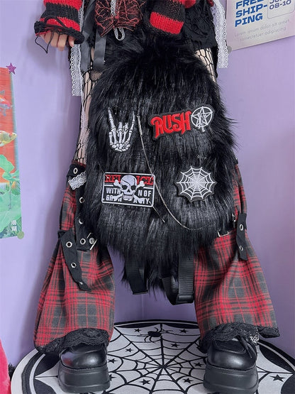 Black Skeleton Applique Punk Shaggy Backpack