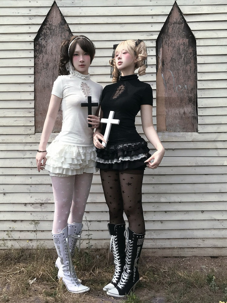Gestufter Cross Skort Gothic Schwarz/Weiß Elastische Taille Spitzenbesatz Pumphose