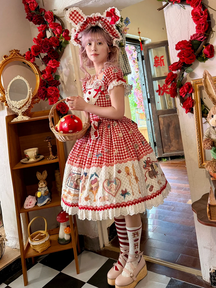 Teddy Red Print Sweet Dress Dessert and Cherry Gingham Lolita