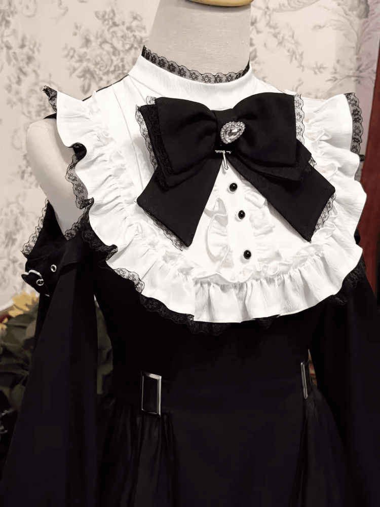 Dress Open Shoulder with Adjustable Heart Buckles and Handkerchief Hem and Jirai Kei Black White