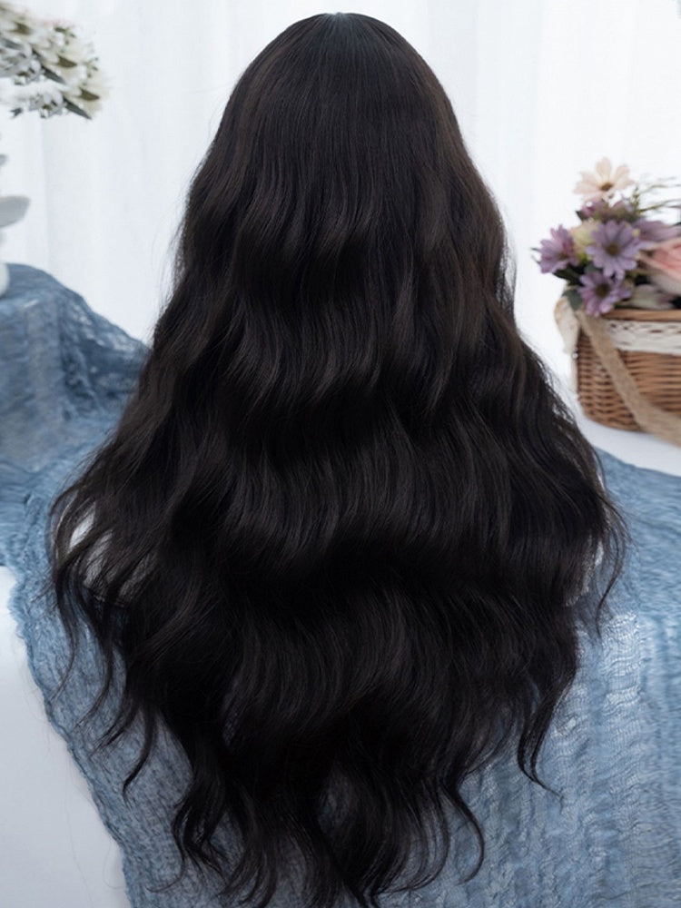 Black Tea Long Wavy Synthetic Wig With Bangs
