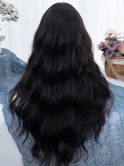 Black Tea Long Wavy Synthetic Wig With Bangs