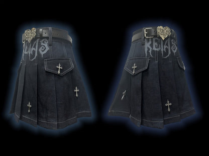 Y2K Dark Blue Letters Cross Charms Punk Rock Denim Pleated Skirt