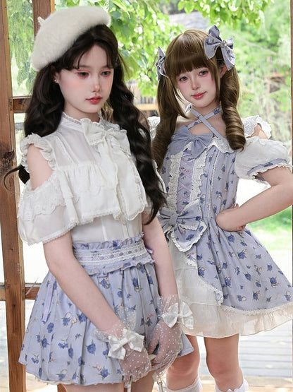 OP Neck Sweet Lolita Dress Purple Hydrangea Print Open Shoulder Halter Light