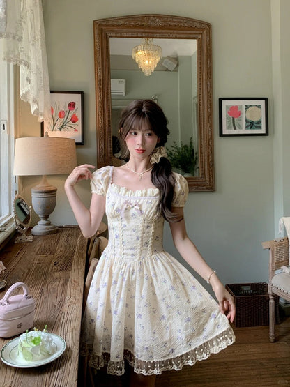 Mori Kei Floral Dress Beige Square Neckline and Short Puff Sleeves