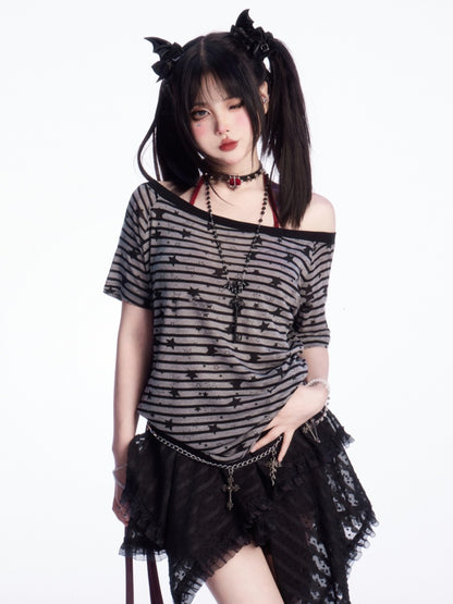 Print Gestreiftes T-Shirt Grau Asymmetrischer Ausschnitt Allover Star