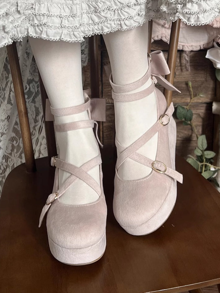Platforms Wedge Bow Velvet Design Crisscross Pink - Accent Sweet