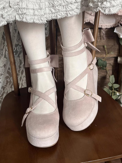 Platforms Wedge Bow Velvet Design Crisscross Pink - Accent Sweet