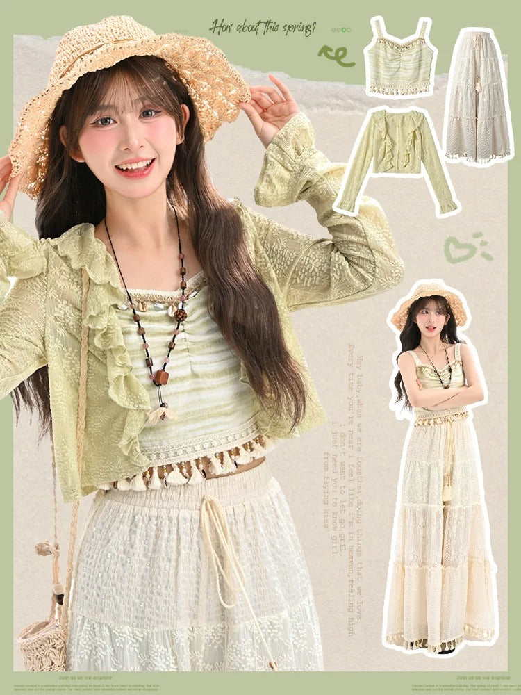 Kawaii Lace Cardigan Green Ruffled Hem Hollow-out Yume
