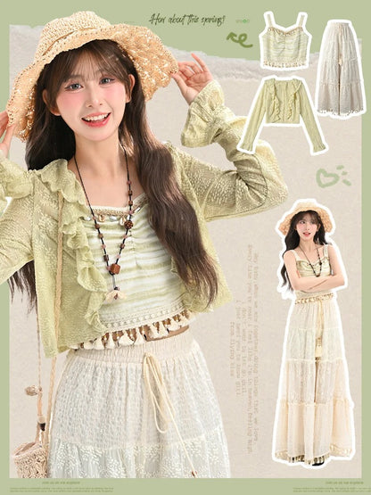 Kawaii Lace Cardigan Green Ruffled Hem Hollow-out Yume