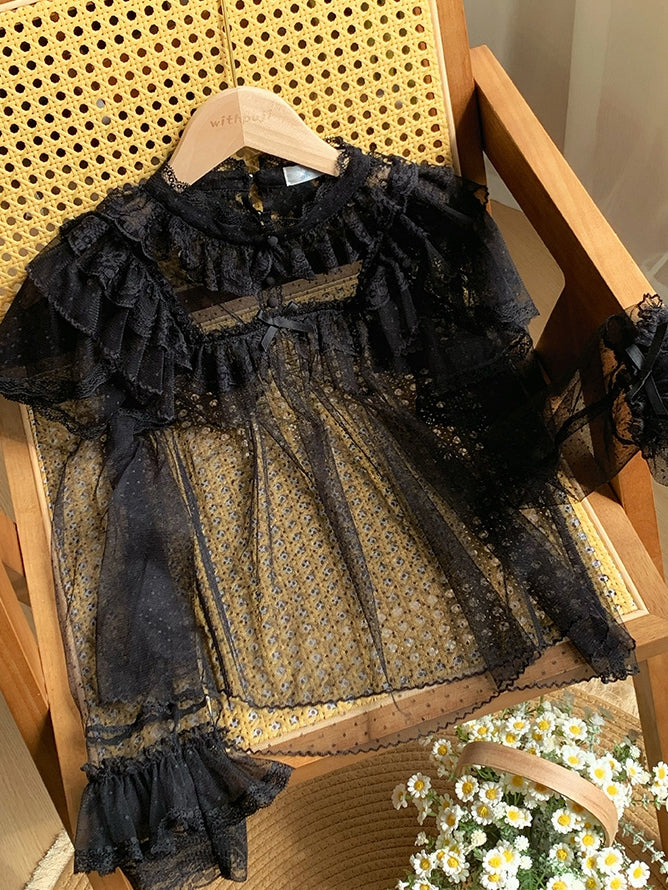 Sheer Lace Dots Black Tulle Top Long Sleeves
