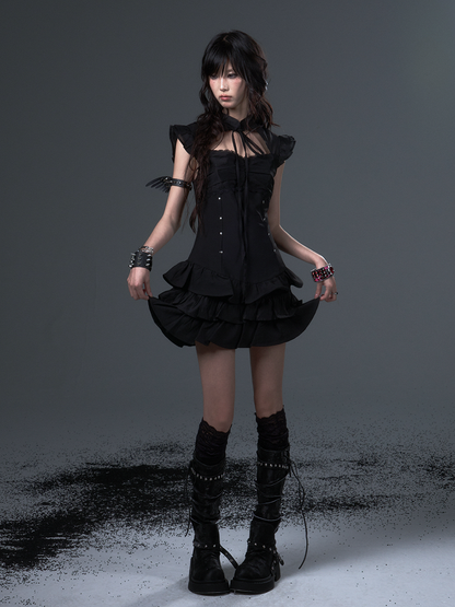 Black Gothic Punk A-Line Puff Dress with Lace  Metal Studs