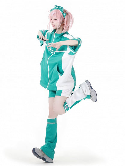 ホワイトカラーブロックデザインのグリーンレッグウォーマー