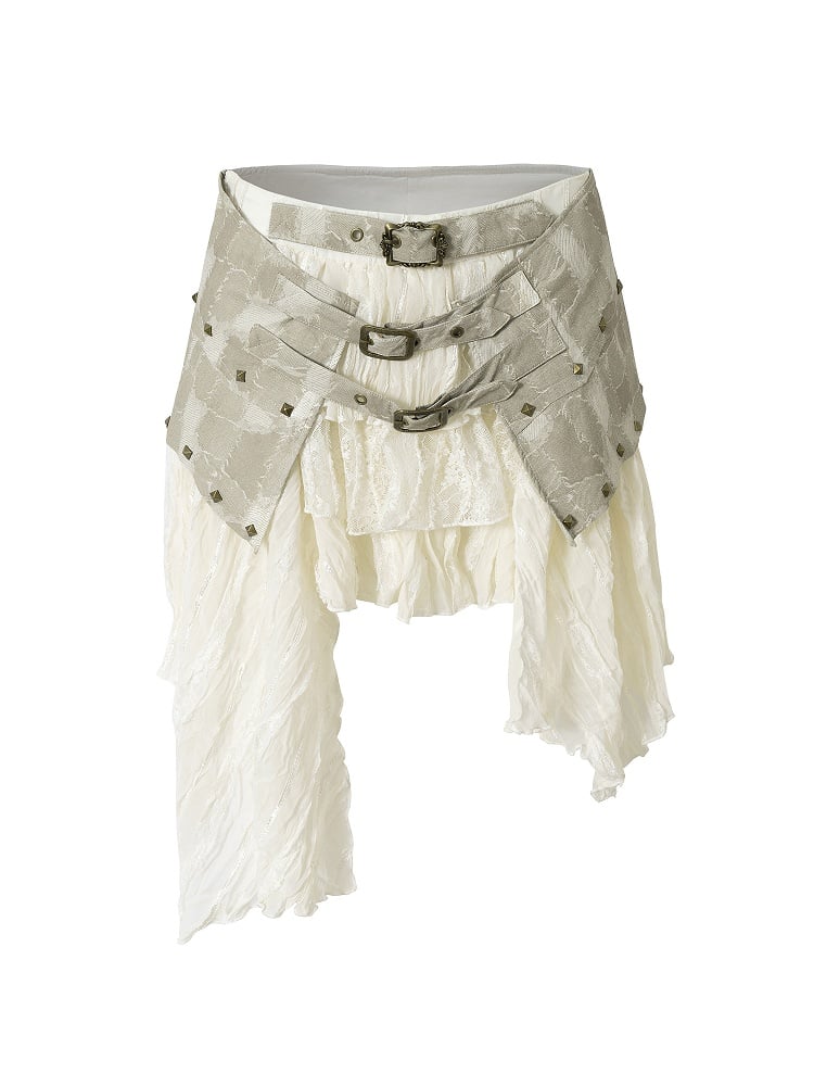 Asymmetrical Beige Punk Skirt with PU Studded Detail