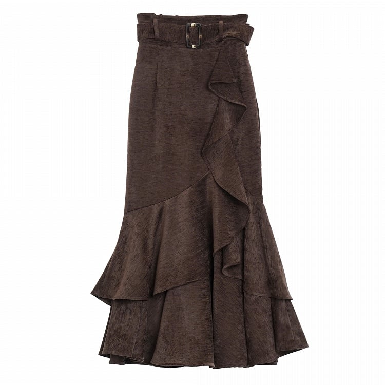 Coffee High Waist Flounce Hem Mermaid Skirt