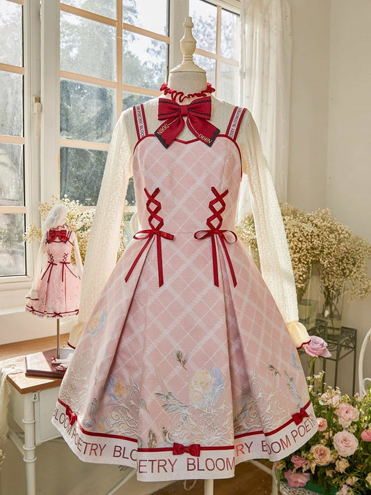 Jumper Trimming Pink Red Lolita Skirt Front Lace-up and