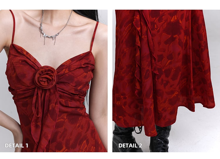 Red Sweetheart Neckline Cascading Ruffle Floral Cami Dress