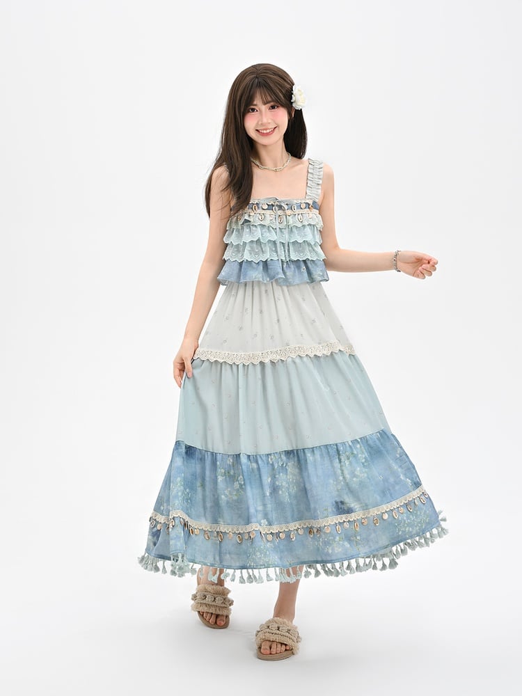 Sleeveless Top Shell Charm Tiered Ruffles Blue