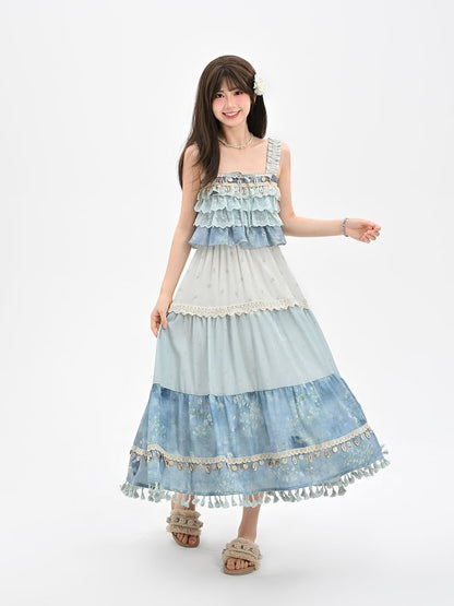 Sleeveless Top Shell Charm Tiered Ruffles Blue