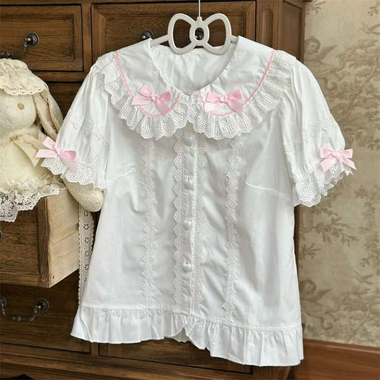 White Sleeves Round Collar Blouse Bows Short Pink Flat Lolita