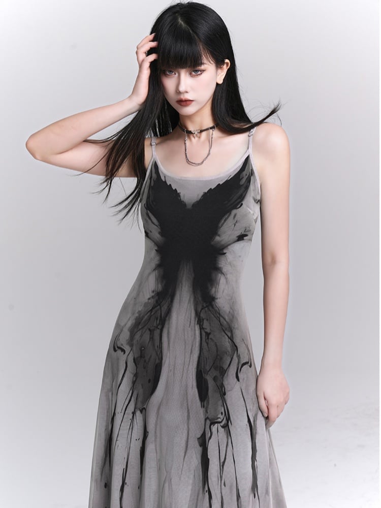 Robe moulante gothique grise à motif papillon