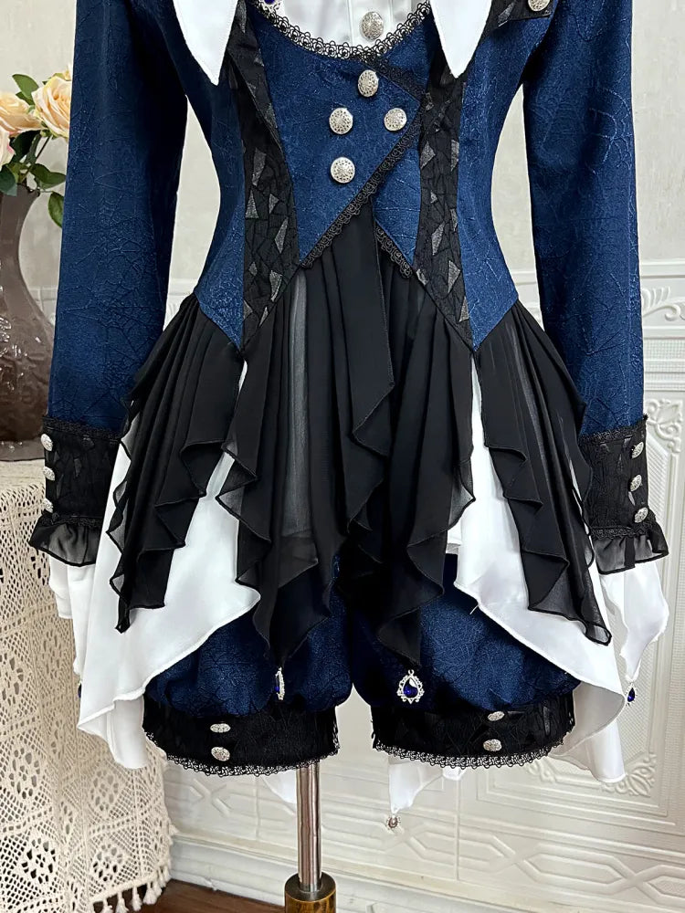 Lolita Gothic Prince Shirt Set Dunkelweißer Mantel Ouji Ärmel Shorts Blau + Dreiteilig + Blau Lang Dunkel