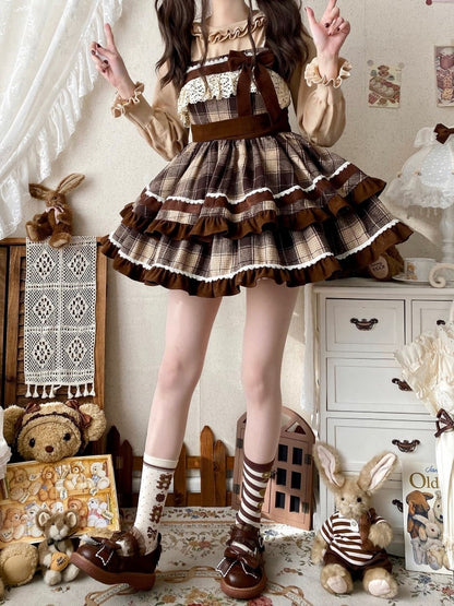 Brown Plaid Pattern Lolita Dress High Waist Autumn and Winter Lolita Jumper Skirt