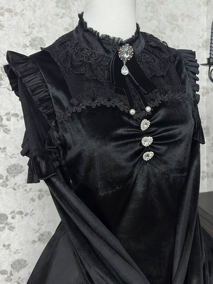 Black Jirai Kei Set Lace Patches Velvet Landmine Style Dress + Bow Tie + Ruffle Cuffs Shorts