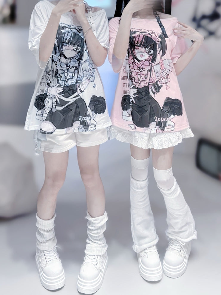 Dark with Cute Pan Anime Kawaii Detachable Yami Collar Print / Peter T-shirt: Cotton White Pink