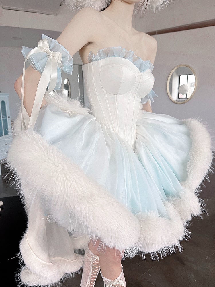 Ombre Blue Boned Bustier Bodice Corset Dress Faux Fur Fluffy Hemline